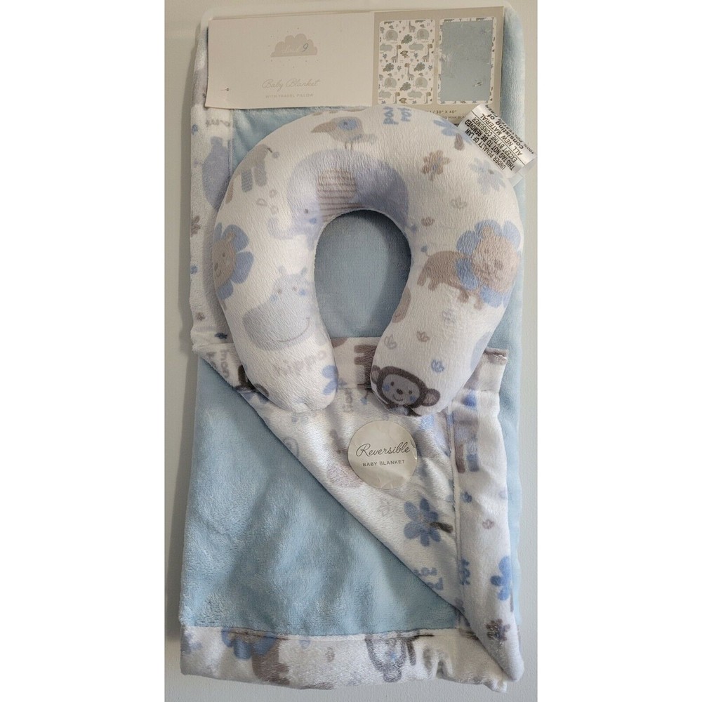 New Cloud 9 Jungle Animal Boys Baby Blanket Travel Pillow Blue 30" X 40" Nwt